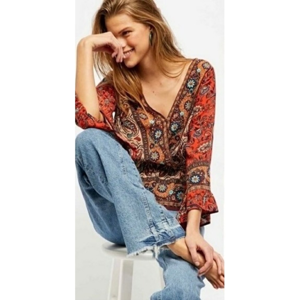 NWT!! FREE PEOPLE‎ Rosalie Floral Paisley Ruffled Top Boho Festival Party Medium